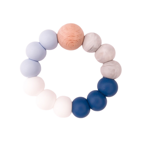 Blue grey and whilte silicone bead teething ring with wooden bead for teething baby